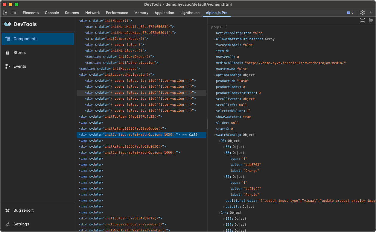 Alpine.js DevTools Pro interface screenshot